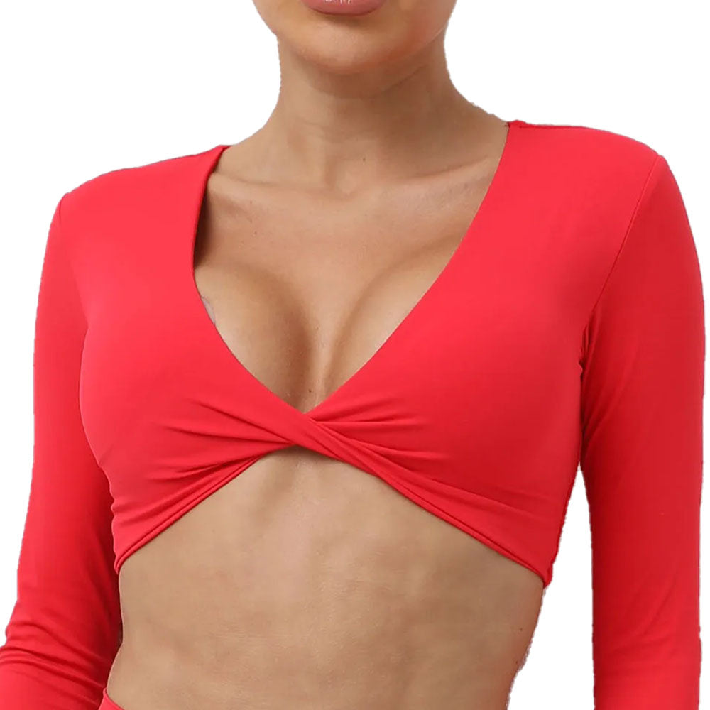 RED TWIST LONG SLEEVE CROP TOP
