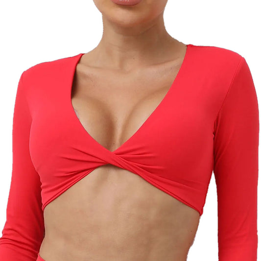 RED TWIST LONG SLEEVE CROP TOP